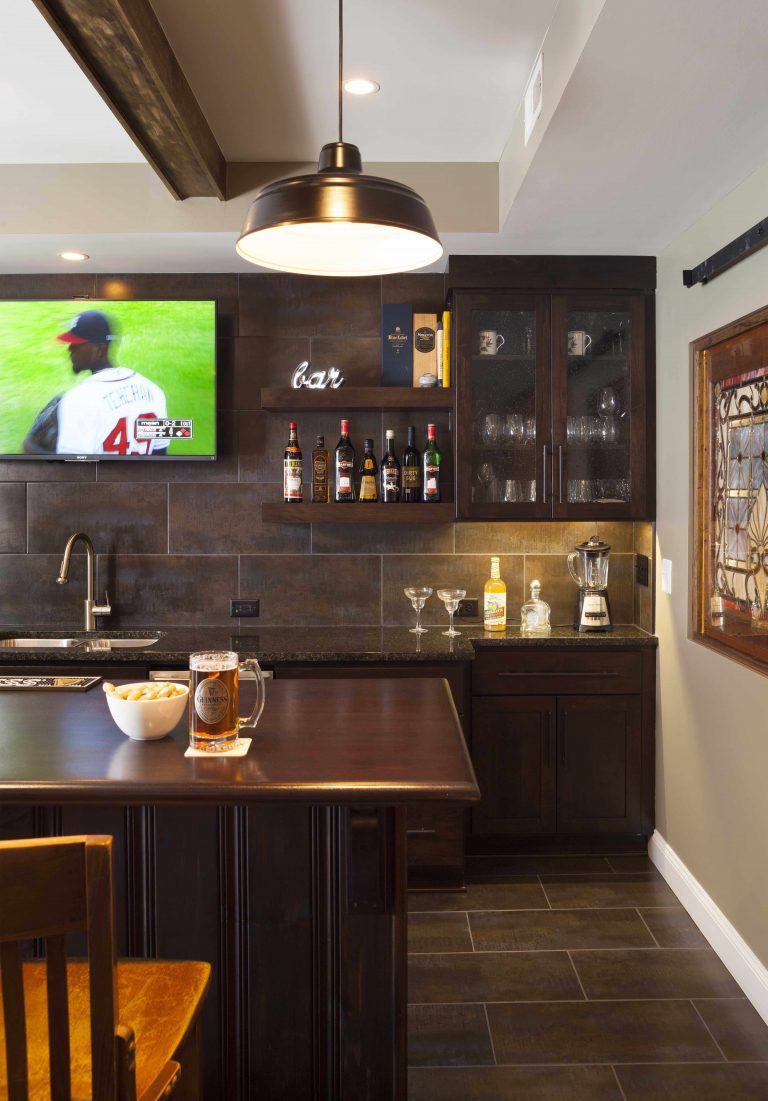 basement bar and pub exposed beams pendant lighting