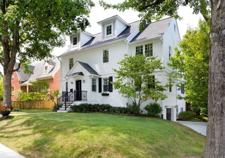 updated entryway on traditional white brick dc home iron railings