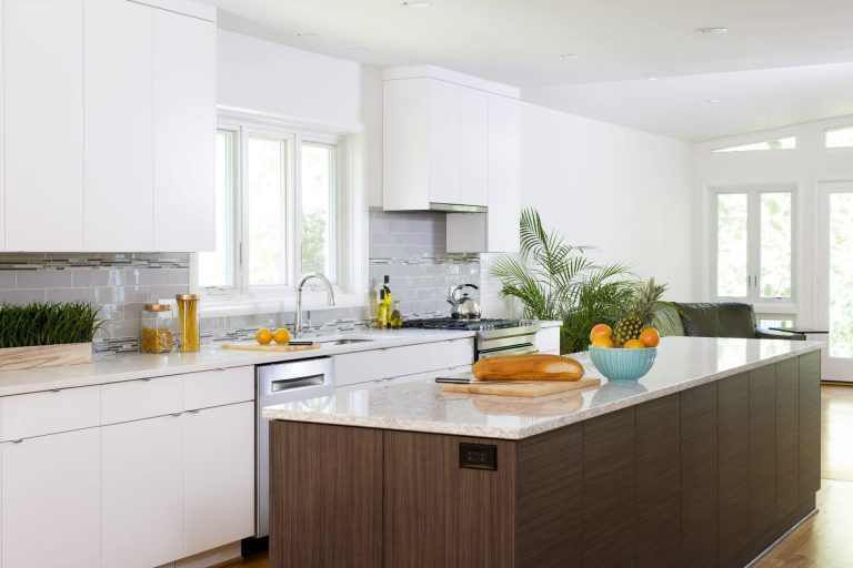 bright contemporary kitchen white cabinetry contrast dark island