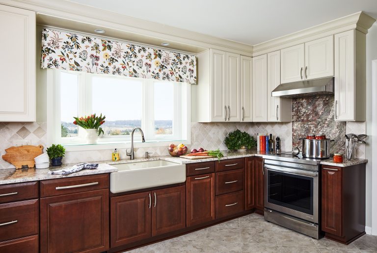 case kitchen design with white and brown cabinets