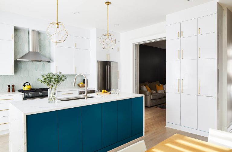 white and blue kitchen island