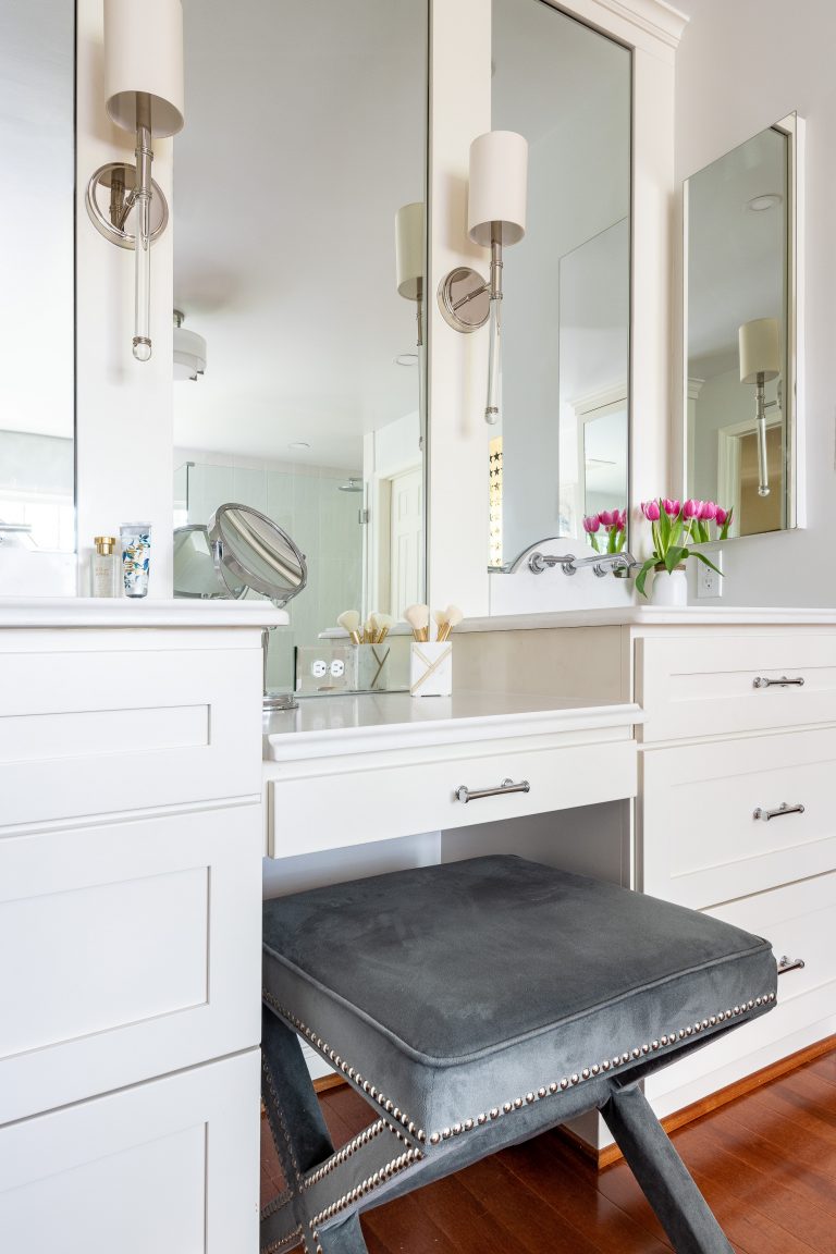 makeup vanity with grey stylish seating