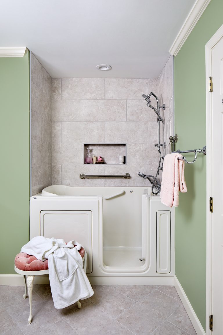 traditional bathroom in Virginia with walk-in combo massage tub with light above the tub