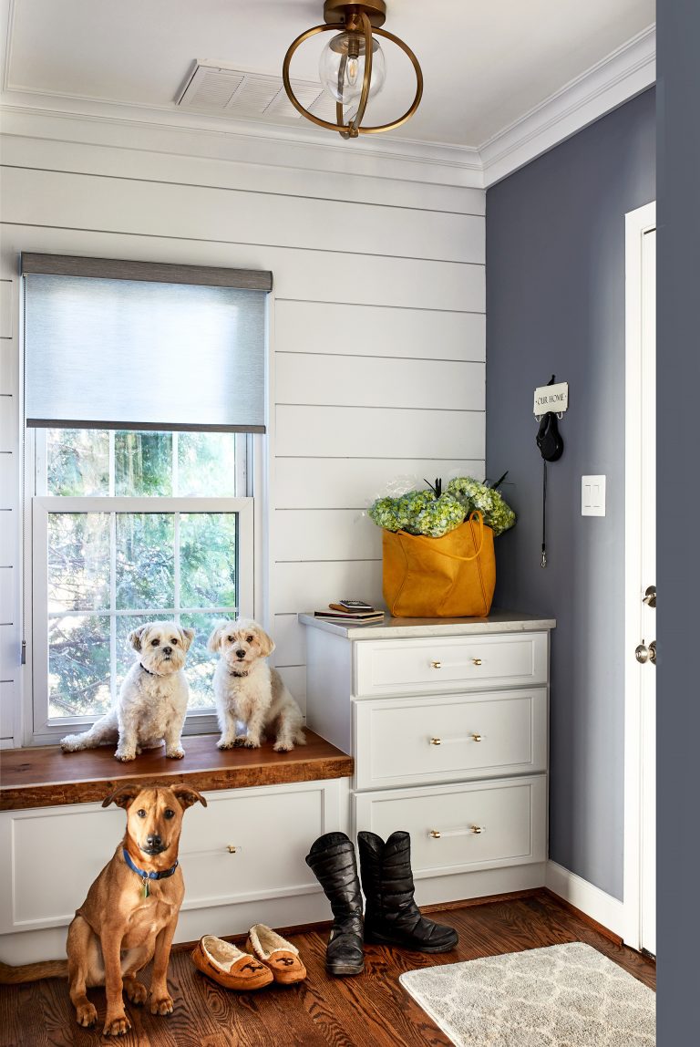 entryway bench, this cubby bench has several slots for storing shoes and other small items, and also makes for a comfortable seat.