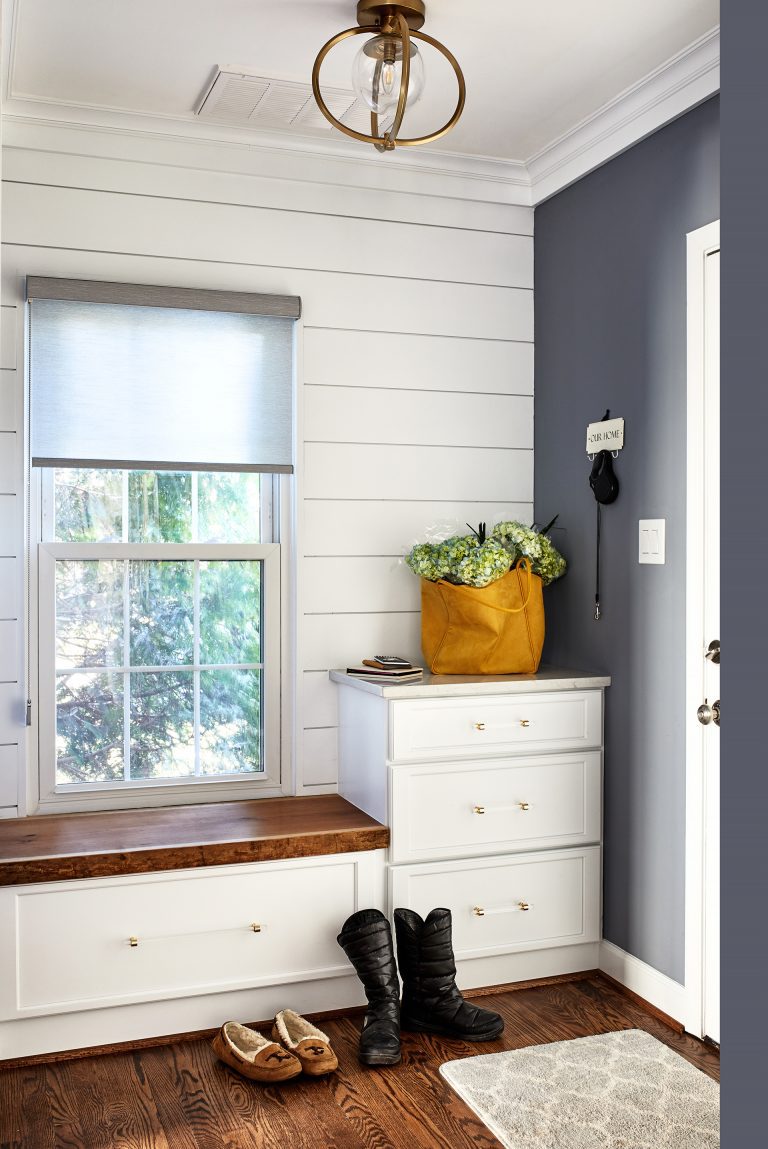 transitional entryway bench with small window